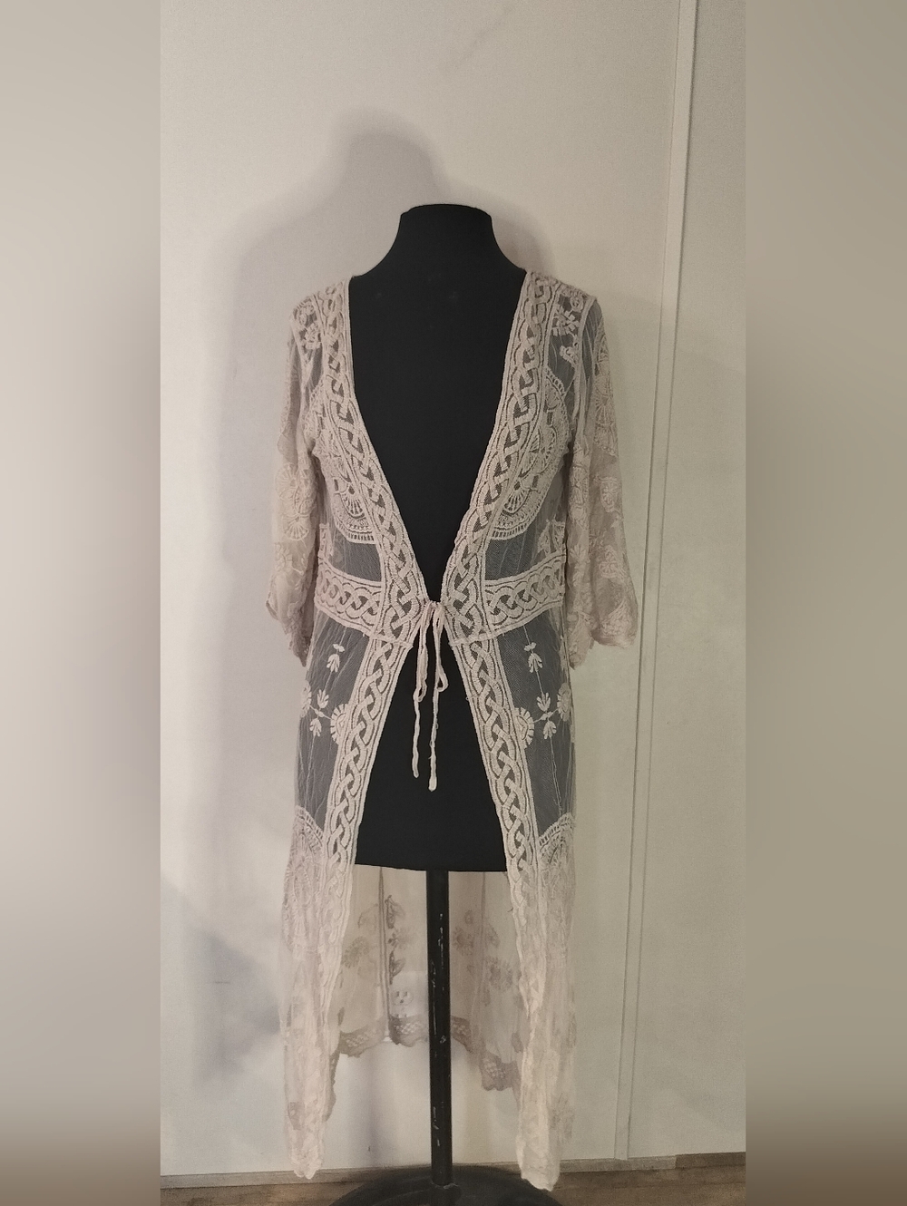 Lace Sheer Long Kimono Cover-Up in Light Beige